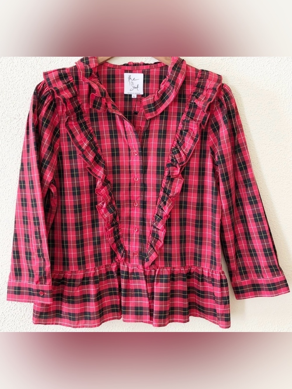 The Shirt by Rochelle Behrens Red and Black Plaid Ruffle Button Top